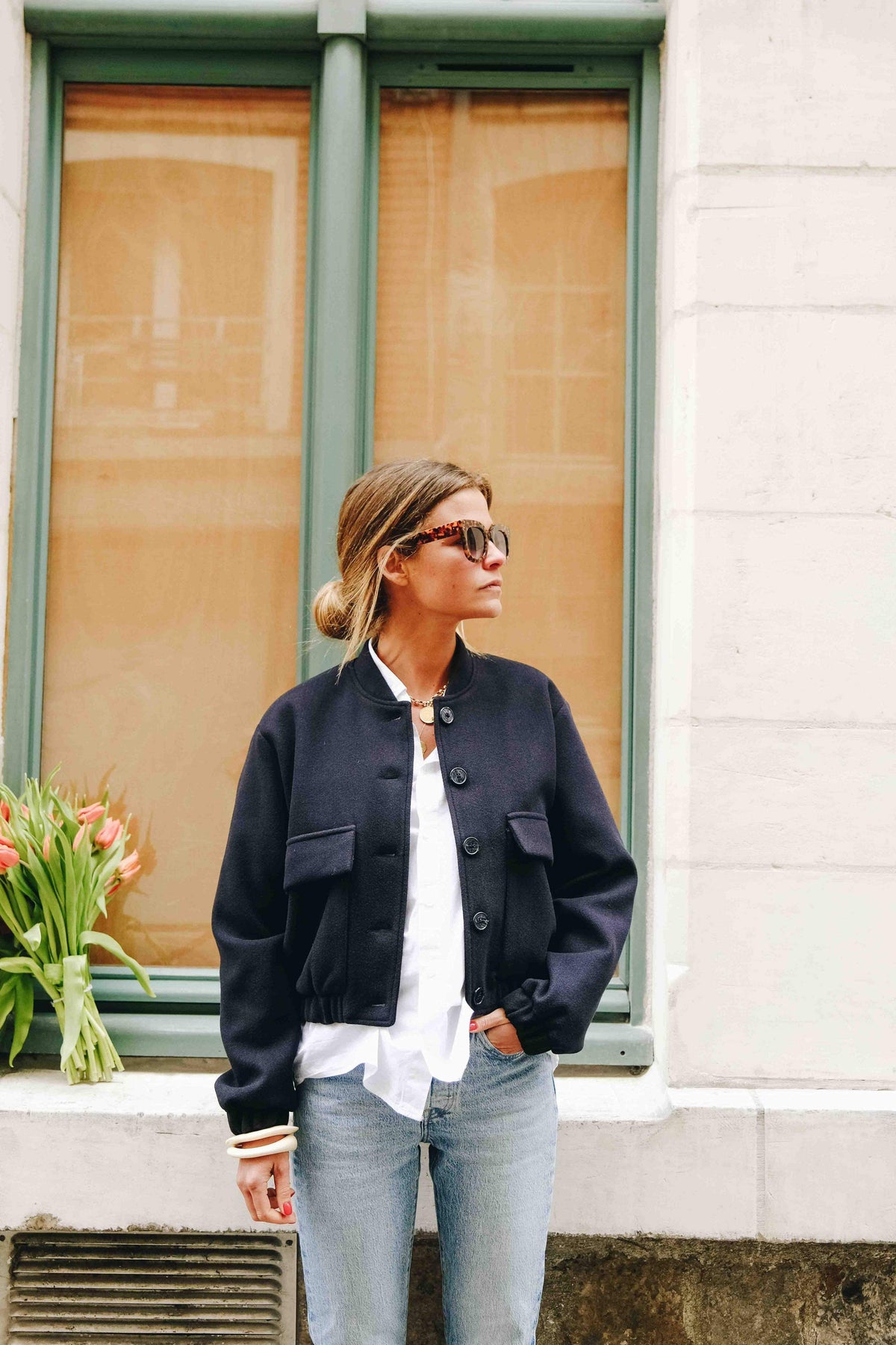Navy blue denim bomber jacket