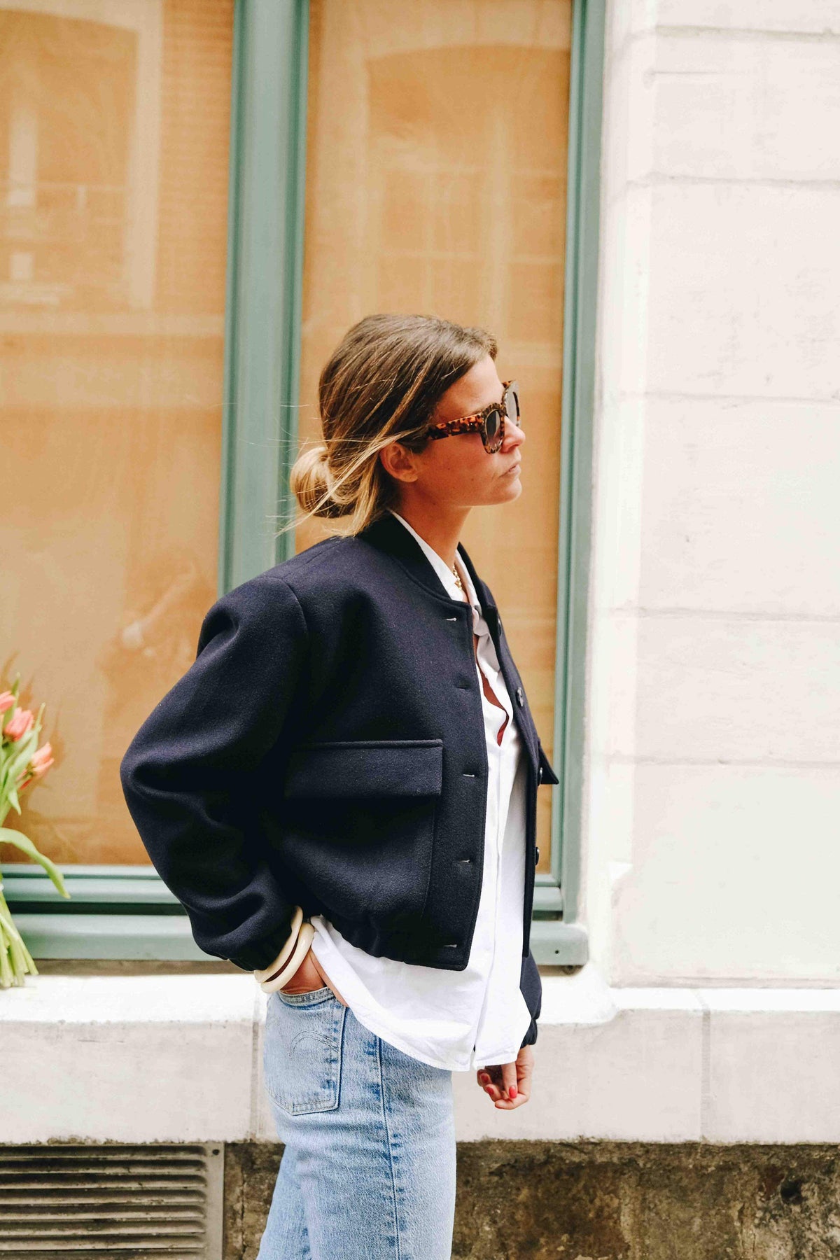 Navy blue denim bomber jacket