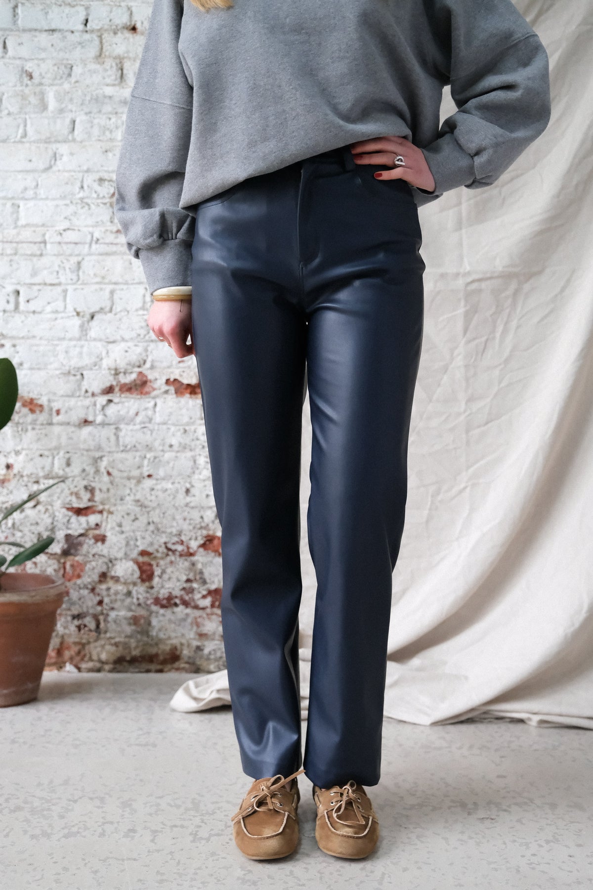 CHARLES navy faux leather pants