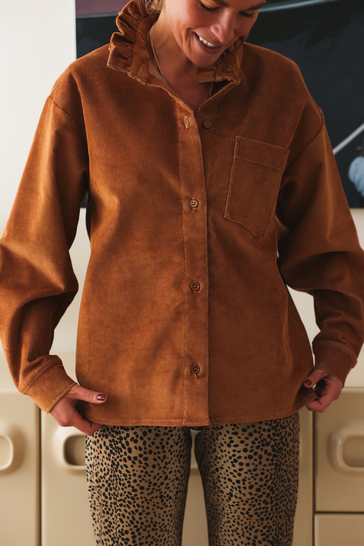 LOU camel velvet overshirt