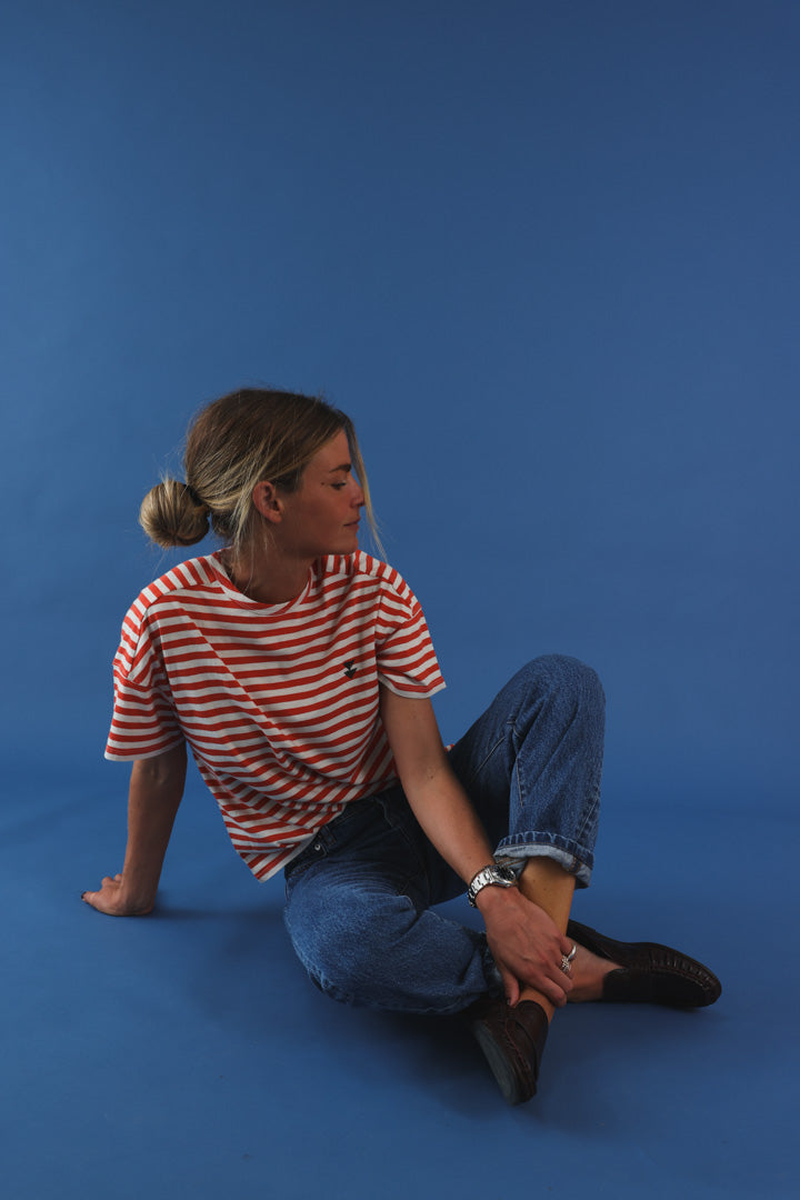 T-shirt manche courte rayé rouge/écru