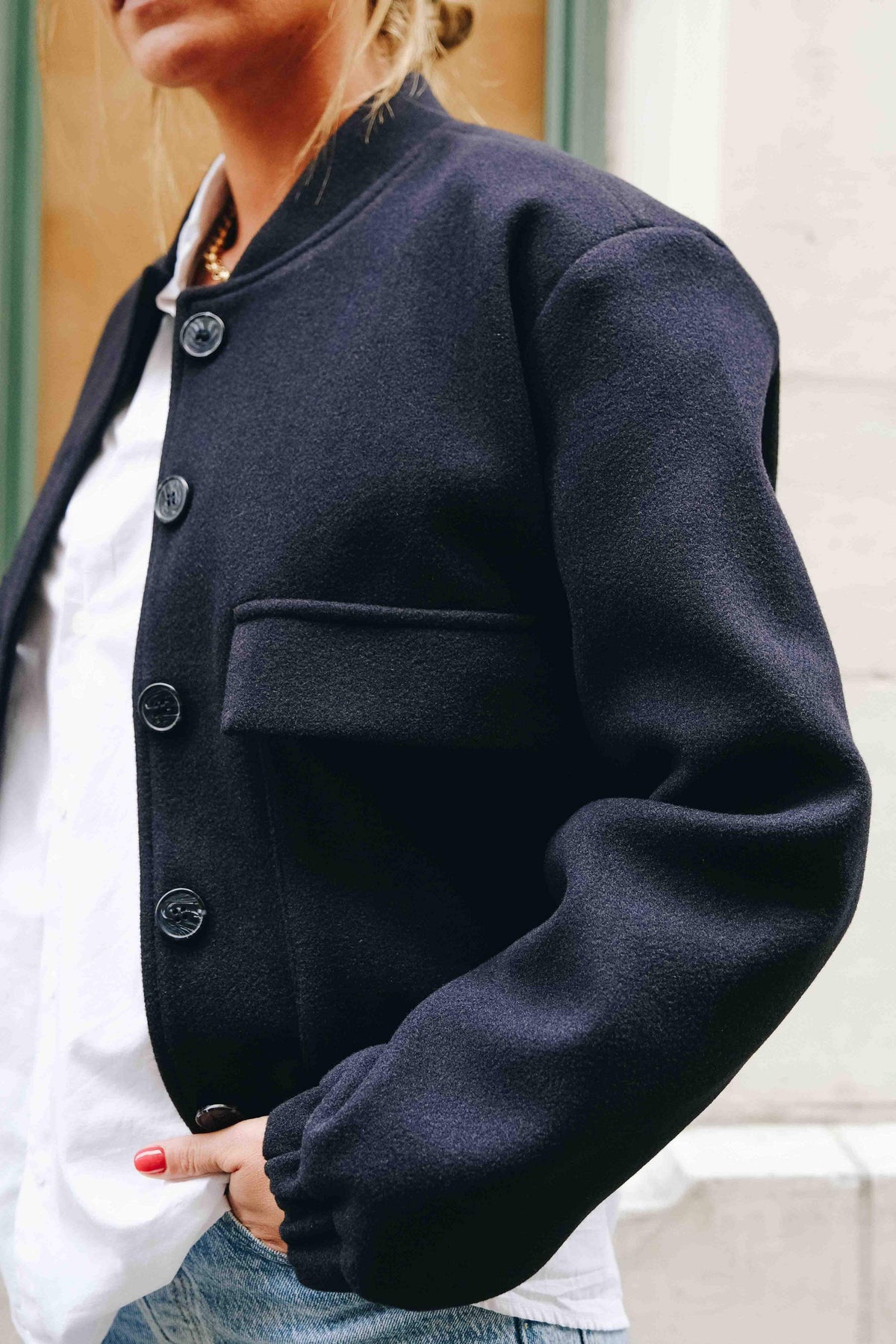 Navy blue denim bomber jacket