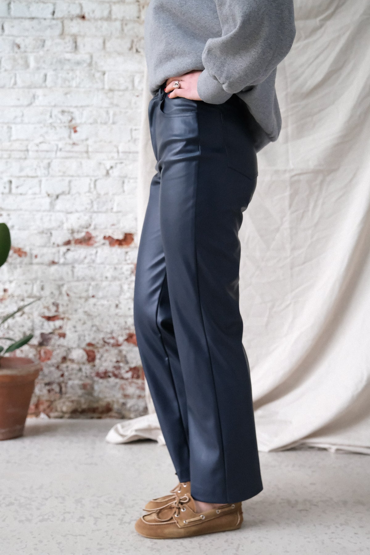 CHARLES navy faux leather pants