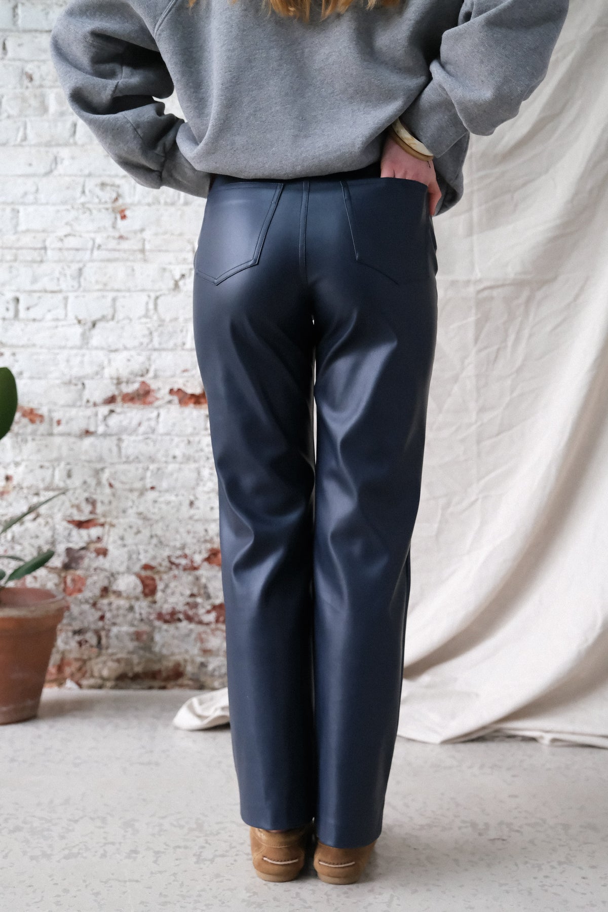 CHARLES navy faux leather pants