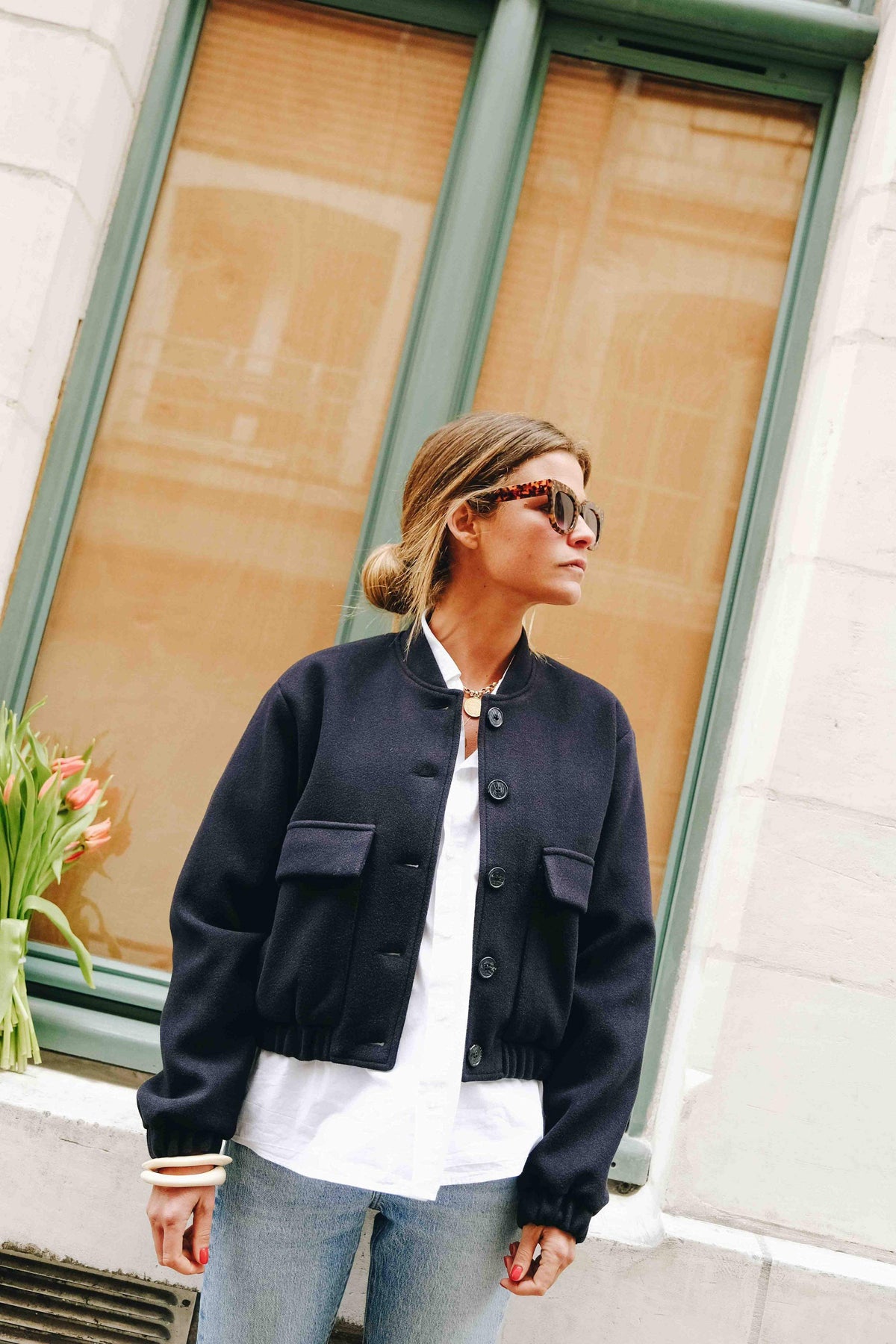 Navy blue denim bomber jacket