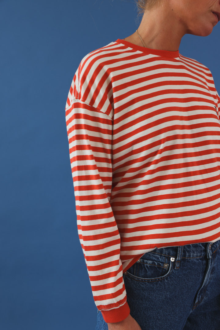 T-shirt manche longue rayé rouge/écru