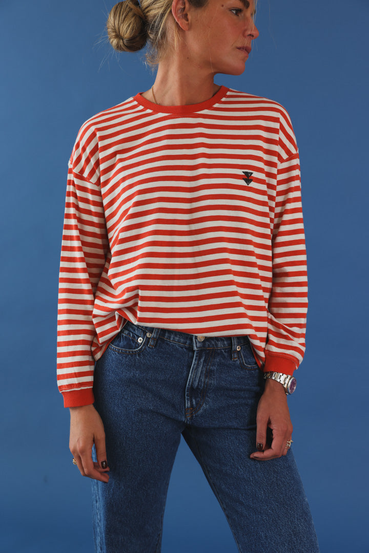 T-shirt manche longue rayé rouge/écru