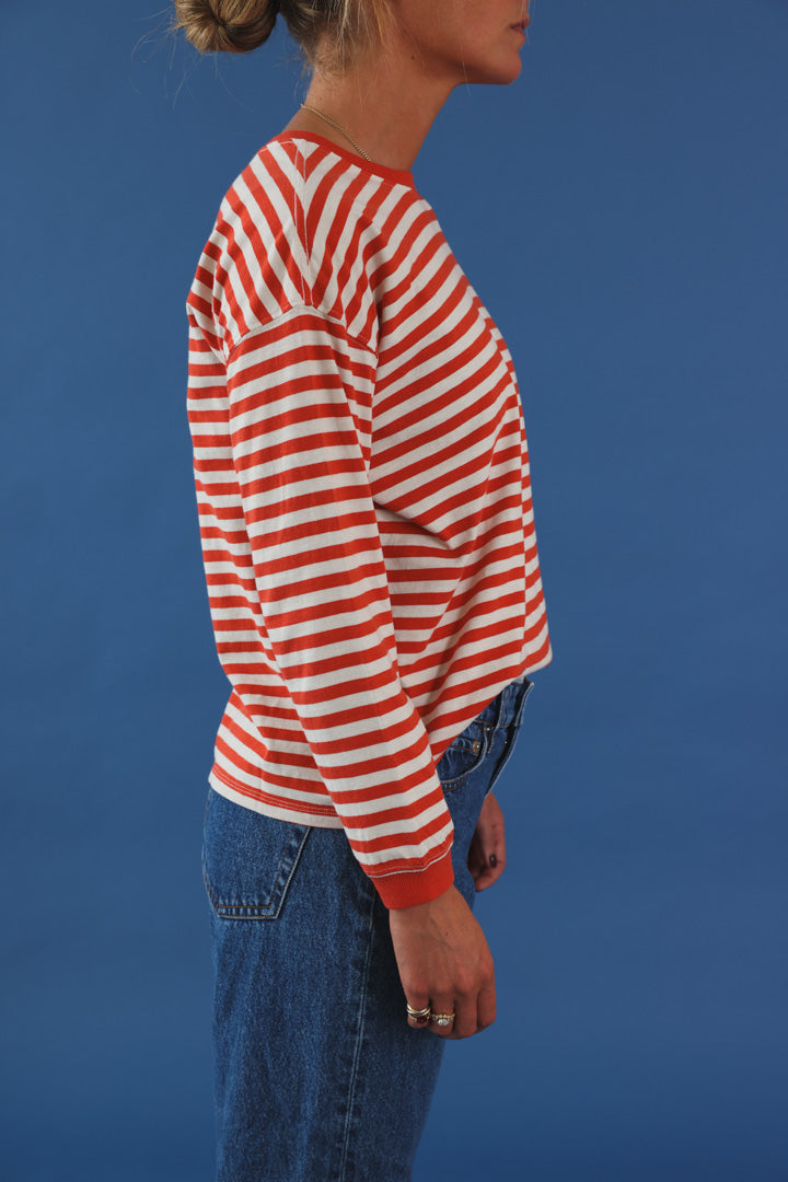 T-shirt manche longue rayé rouge/écru