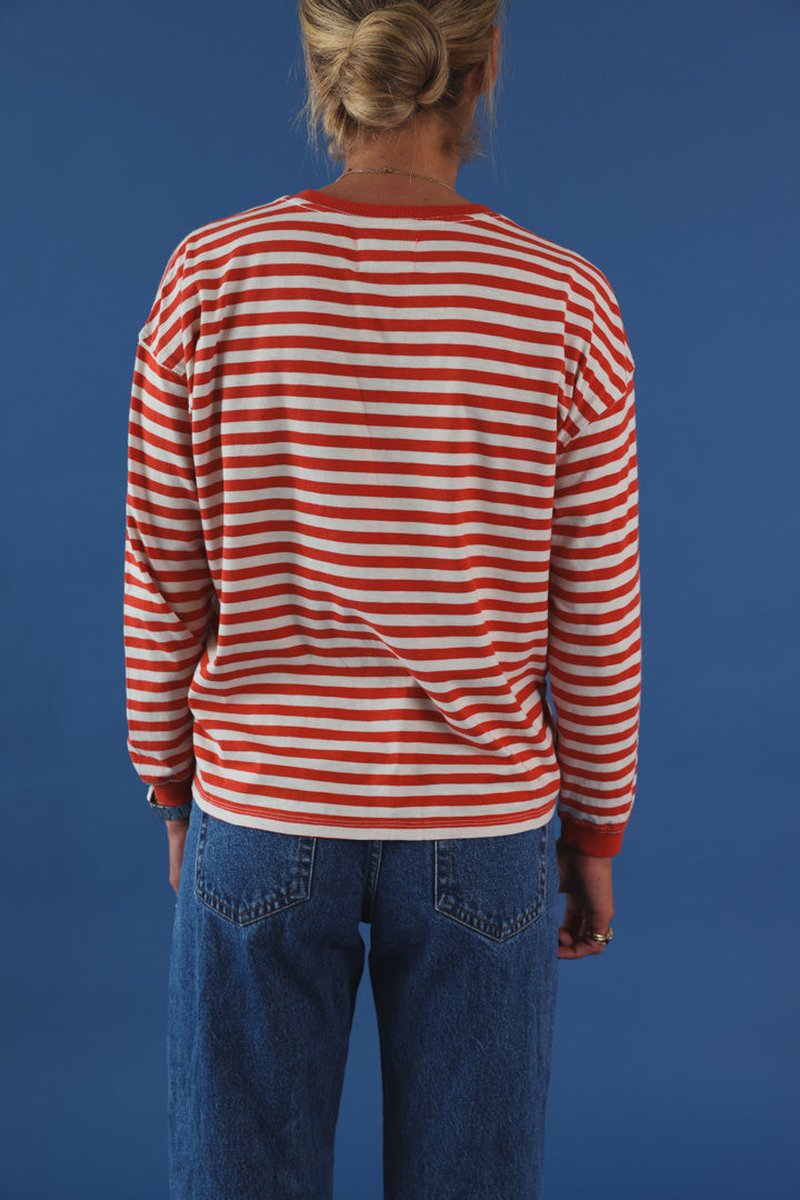 T-shirt manche longue rayé rouge/écru