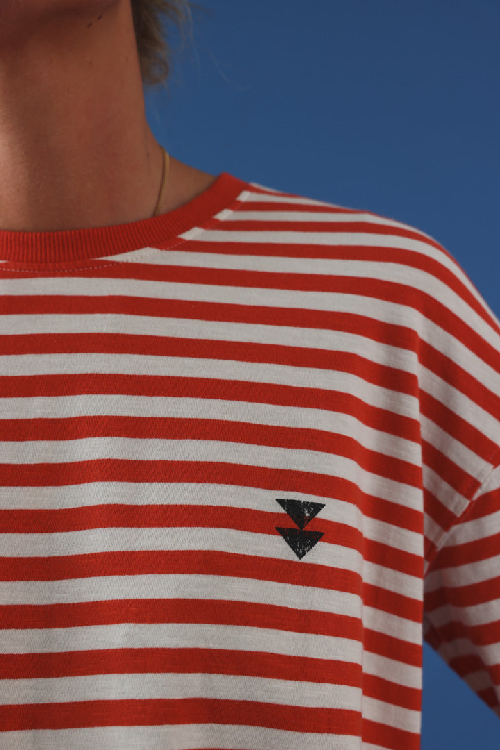 T-shirt manche longue rayé rouge/écru