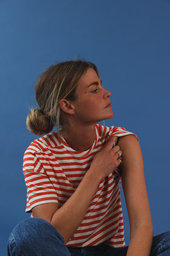 T-shirt manche courte rayé rouge/écru