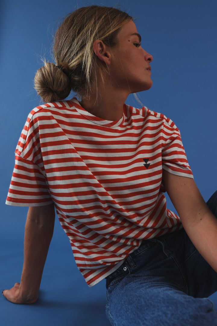 T-shirt manche courte rayé rouge/écru