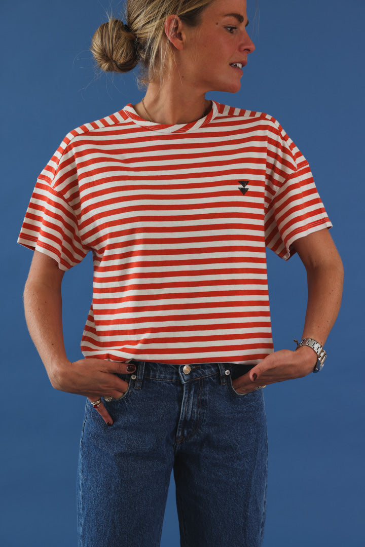T-shirt manche courte rayé rouge/écru