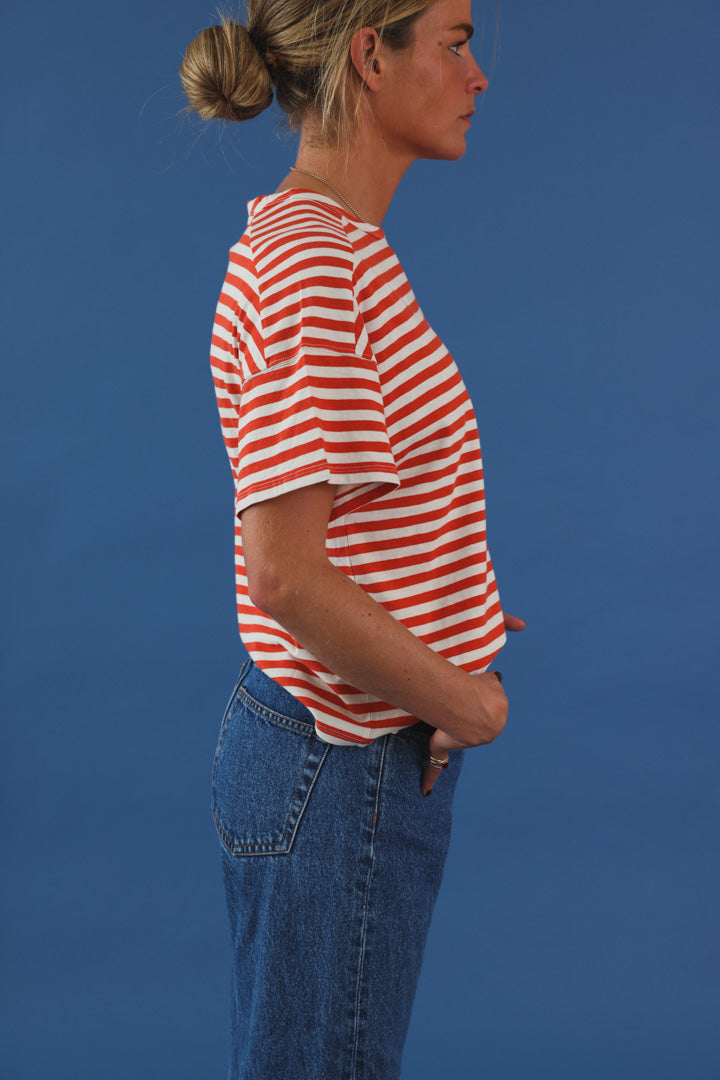 T-shirt manche courte rayé rouge/écru