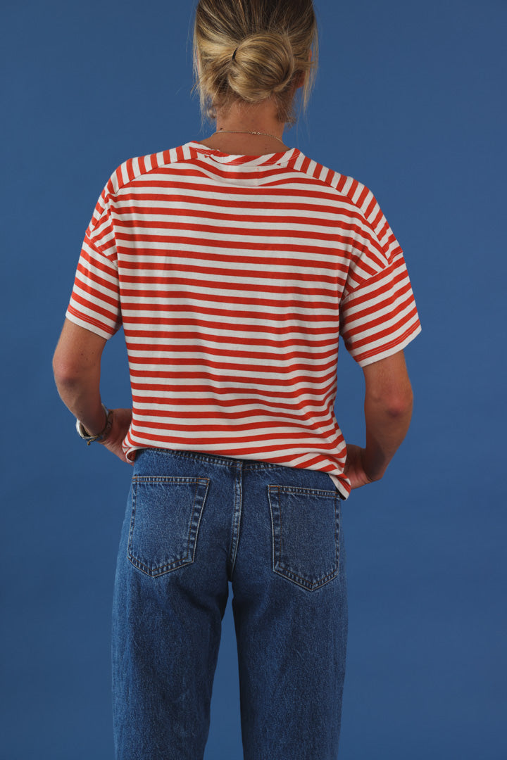 T-shirt manche courte rayé rouge/écru
