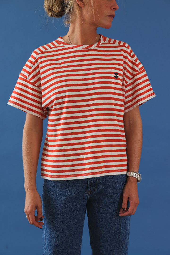 T-shirt manche courte rayé rouge/écru